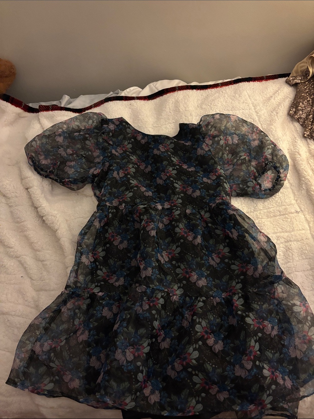 Sheer Floral Puff-Sleeve Kids Dress in Black and Blue